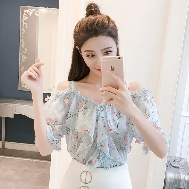 

Women Summer Top Floral Printed Spaghetti Strap Off The Shoulder Blouse Ruffle Chiffon Shirt Sweet Lady Blouse 3405LY