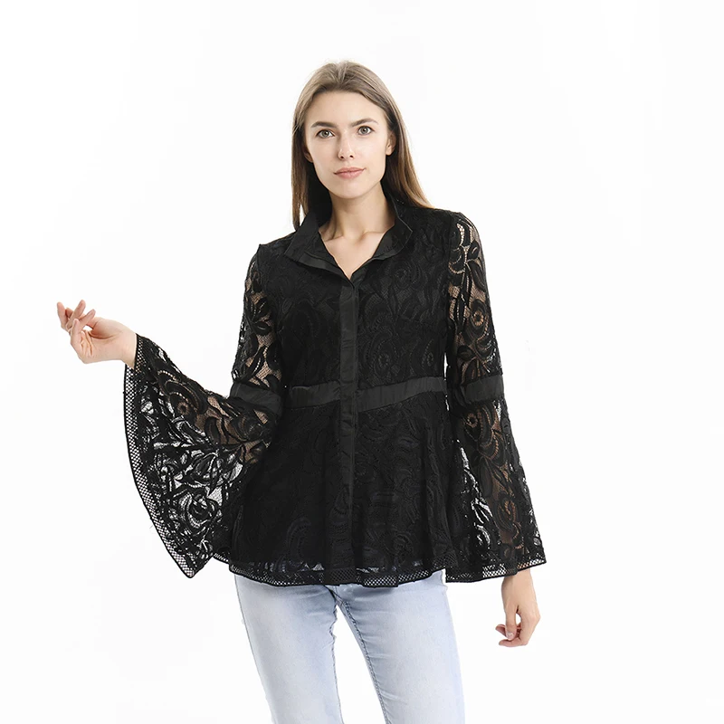 Women Lace Sexy Hollow Out Flared Sleeve Blouses Lady Black Patchwork Print Shirts Blusas Mujer De Moda