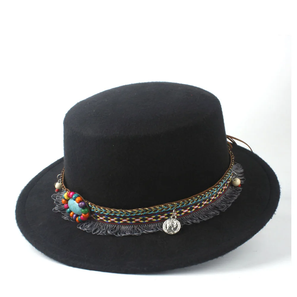 Мужская и женская шляпа на плоской подошве, зимняя мягкая фетровая шляпа с широкими полями, шляпа для танцев и вечеринок, шерстяная мягкая фетровая шляпа, размер 56-58 см - Цвет: Black