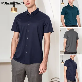 

INCERUN Fashion Men Dress Shirt Brand Lapel Solid Color Short Sleeve Tops Camisa High Quality Social Business Shirts Men S-5XL