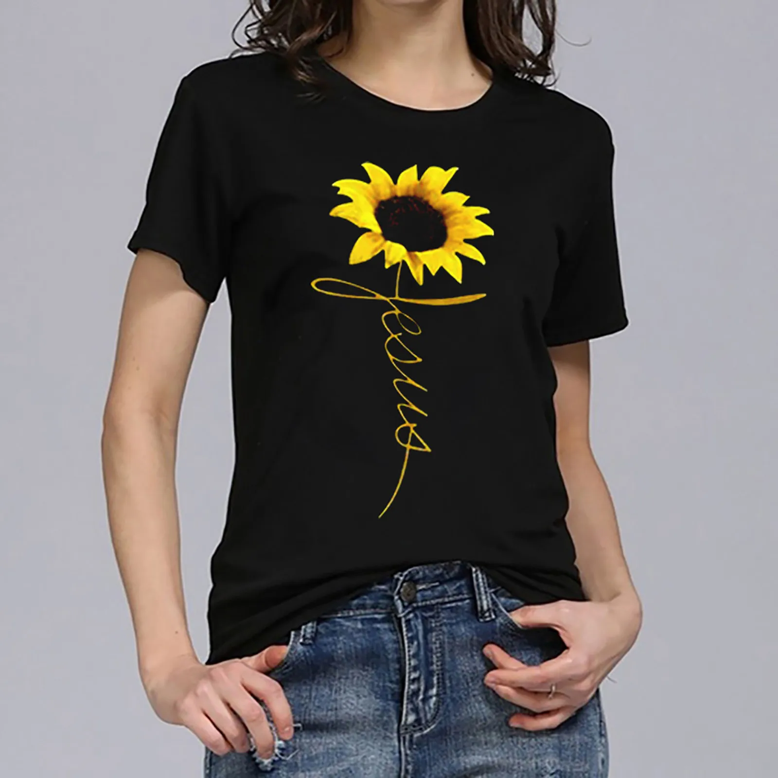 Tops de talla grande para mujer, camisas informales con estampado de girasol, de manga corta para exteriores, 3xl
