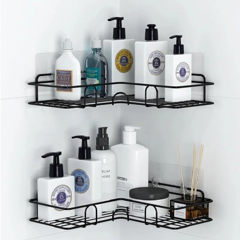 Bathroom kitchen Punch Corner Frame Shower Shelf Wrought Iron Shampoo Storage Rack Holder with Suction Cup bathroom accessories |