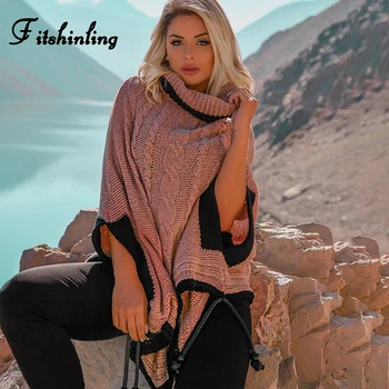 

Fitshinling Boho Winter Pink Sweater Poncho Cloak Batwing Sleeve Oversize Women Sweaters Pullover Turtleneck Knitted Jumper 2019