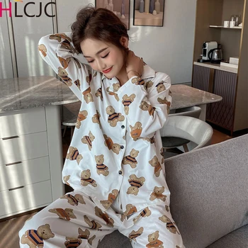

2020 Women Cotton Pajamas Sets Spring Long Sleeve Turn-down Collar with Pocket Pyjama Cute Bear Cartoon Button Pijama Mujer