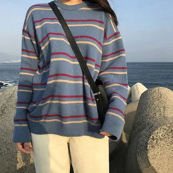 

Women Harajuku O-Neck Sweaters Long Sleeve Striped Pullovers Knitted Loose Tops
