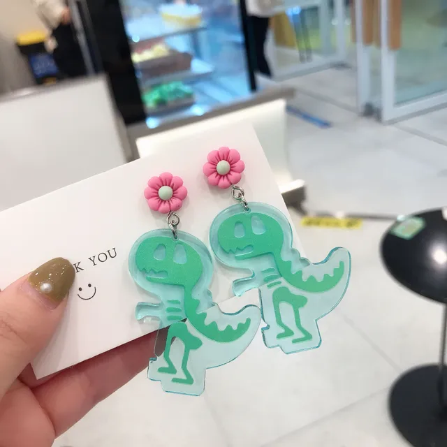 Acrylic Drop Earrings Dinosaur Robot Flower Exaggeration Transparent Creativity Dangle Earrings for Women Fashion Jewelry green dinosaur