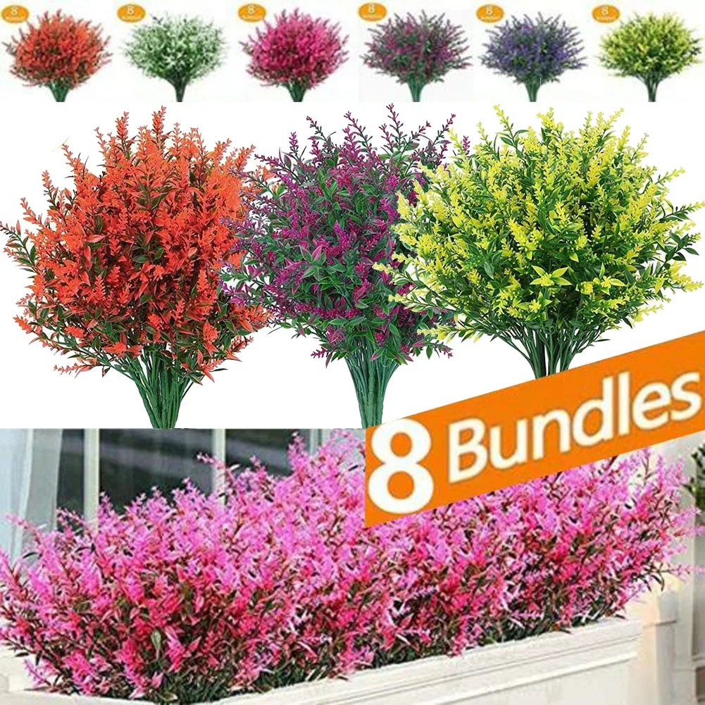 8 Bundles Artificial Flowers Plastic Fake Outdoor Plants Faux Uv Resistant For Home Wedding Decoration Diy Home Decor Bouquet