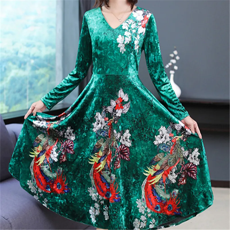 

Fashion Animal Print Party Elegant Plus Size Casual V-Neck Long Sleeve Winter Velvet Dress Autumn Women Female Mujer New 2019