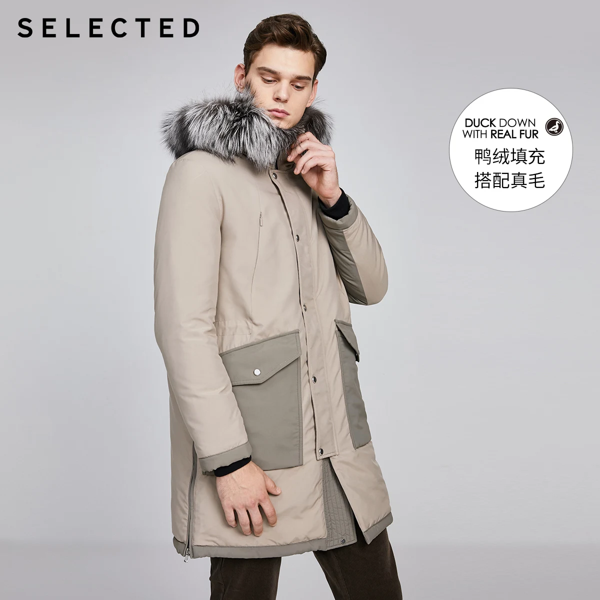 SELECTED Men's Fox Fur Mid-length Hooded Down Jacket S|419412544 | Мужская одежда
