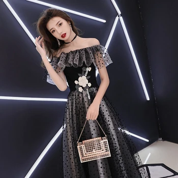 

Usually wear playful cute evening dress women 2019 new banquet noble elegant word shoulder black long host party dress spring