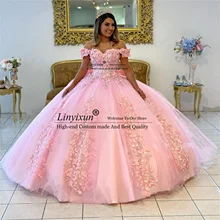 Vestido De baile rosa De quinceañera, sin mangas, con hombros descubiertos, flores en 3D, dulce vestido De princesa con lazo De 16 Años