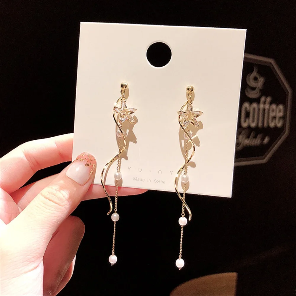 

Silver Needle Earrings Delicate Micro-inlaid Zircon Five-pointed Star Fringed Pearl Earrings Female Temperament Long