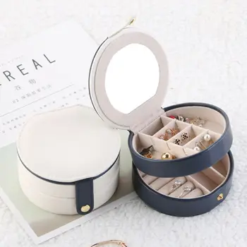 

Fashion Mirror Round Leather Jewellery Storage Box Portable Travel Jewelry Organizer Make Up Ornament Case 3 Layer Jewelry Box