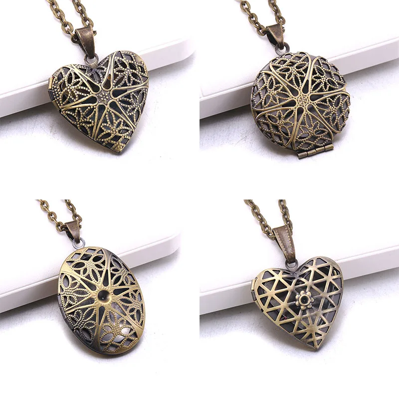 Heart Carved Flower stripe Locket Pendant Necklace Women Vintage Ancient Brass Opening Photo Box Jewelry Romantic Gift | Украшения и