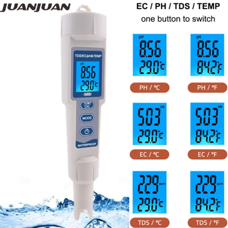 

4 in1 TDS EC Temp PH Tester Digital PH Meter TDS EC Meters Thermometer Water Quantity Measure Tool Acidity Test Pen 30% Off