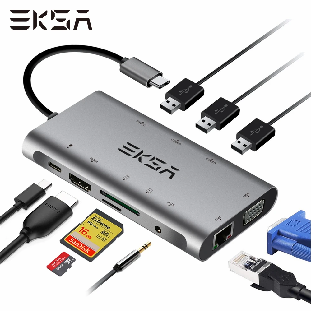 EKSA Тип USB C концентратор 10 в 1 usb хаб до 3 0/HDMI/RJ45/VGA/кард ридер/Thunderbolt адаптер док