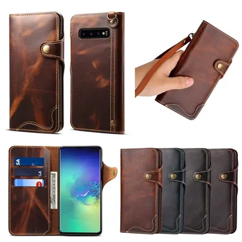 

For Samsung galaxy S8 S9 S10 S20+ Note 8 9 10 Plus with Lanyard Flip Card Holder First Layer Cowhide Button Case Leather Case