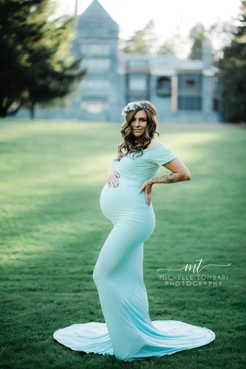 Elegence Shoulderless Maternity Shoot Dress Cute Pregnancy Photography Dress For Baby Shower Pregnant Women Maxi Gown Photo Prop (2)