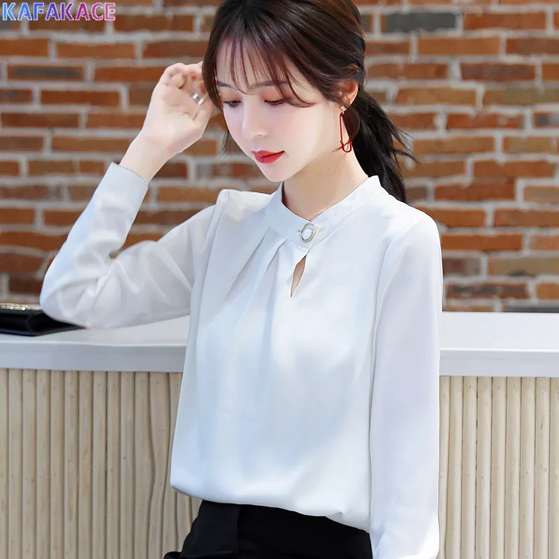 

KAFAKACE 2021 Blouses Shirts Women Lace Chiffon Spring Sexy Patchwork Office Wear White Lady Blouse Fashion Elegant New Clothing