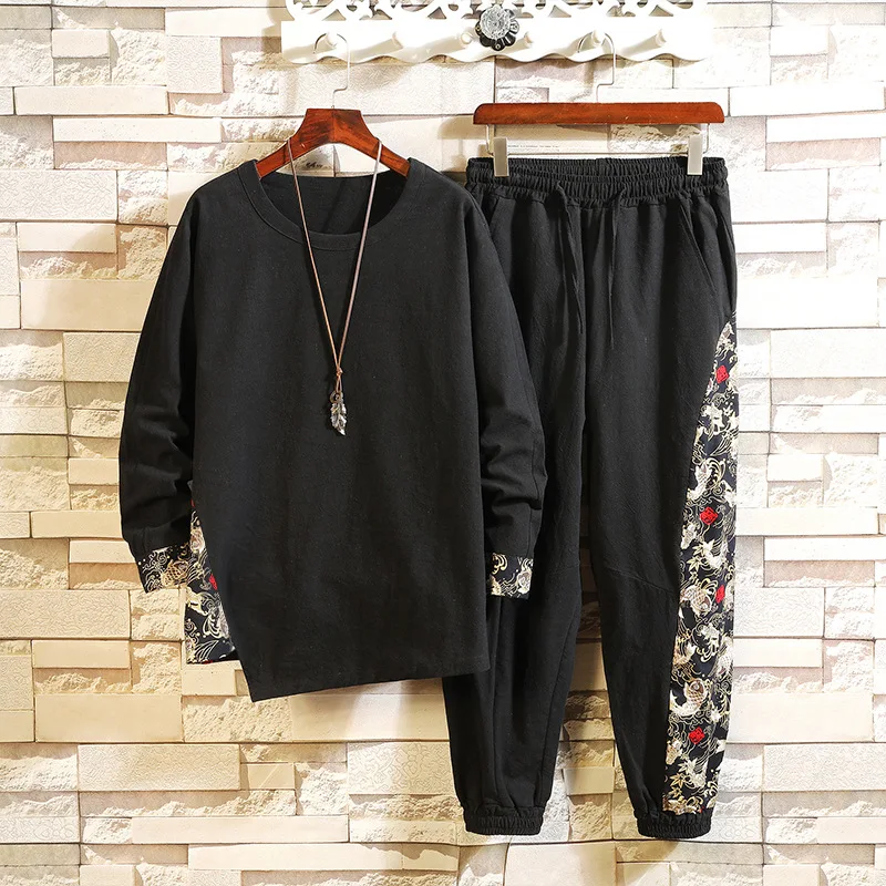 

2019 Autumn Men Leisure Set Chinese-style Cotton Linen Long-sleeved T-shirt Casual Trousers Flax Retro Two-Piece Set