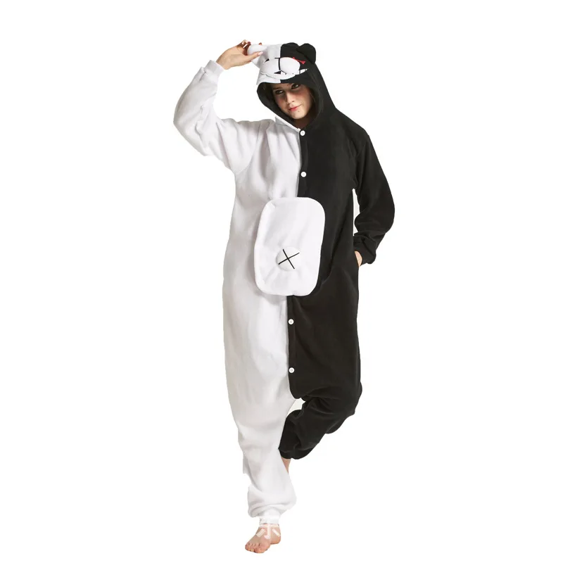 кигуруми Monokuma мультфильм пижамы Забавный черный белый медведь Комбинезоны для