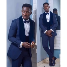 Costume 3 pièces bleu marine pour Homme, châle en velours, Tuxedos à revers, meilleur Costume pour marié, Costume de fête de mariage, Blazer + gilet + pantalon