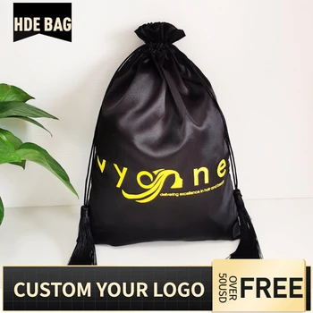 

20P Custom Logo Drawstring Bag With Tassels Luxury Silk Satin Hair Extensions Bundles Wigs Makeup Gift Packaging Bags 30x40cm