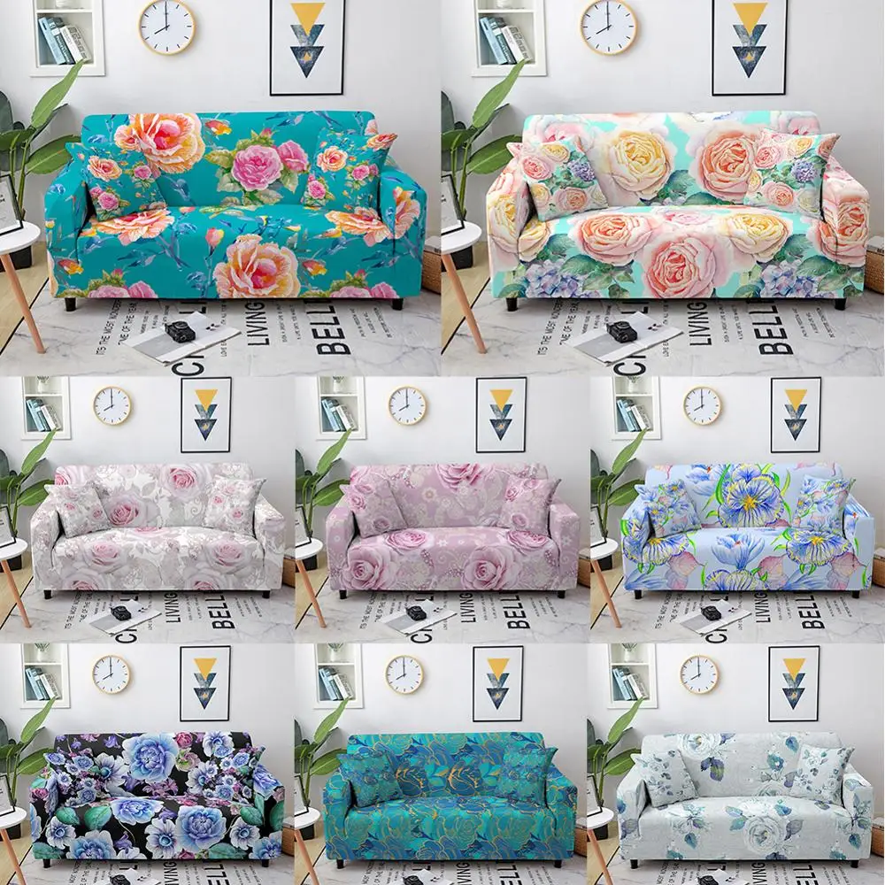 

Colorful Rose Peony Flower Printed Elastic Sofa Cover for Home Living Room Sofa Protective Cover Single Double Seater Slipcover