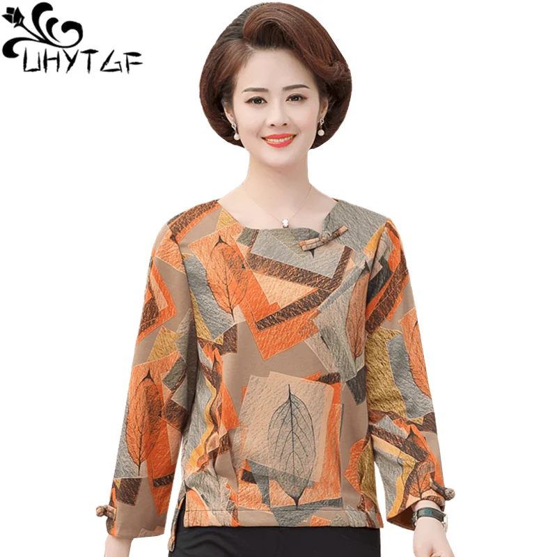 

UHYTGF t shirts women fashion long-sleeved printed spring summer tshirt women O neck pullover thin 5XL plus size tops shirt 1045