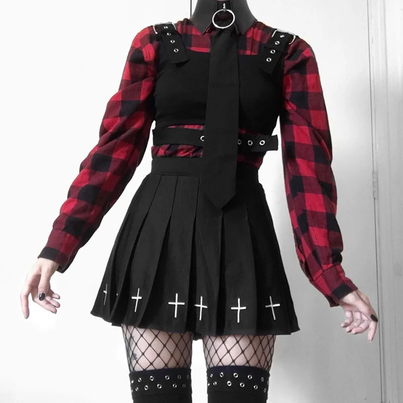 InsDoit Black Pleated Skirt Women Gothic Harajuku High Waist