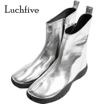 

Luchfive Metallic Silver Split Toe Flat Boots Rubber Sole Ankle Boots Fashion European Shoes Women