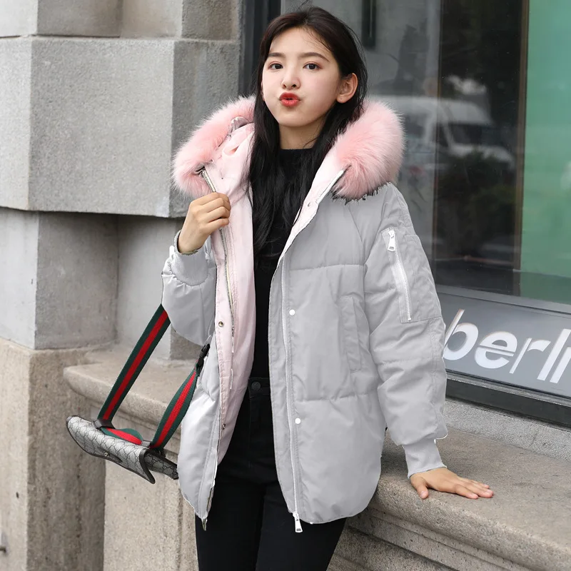 

Winter New Style Cotton-padded Clothes Women's Korean-style Loose And Plus-sized Hooded Large Fur Collar Printed down Cotton Coa
