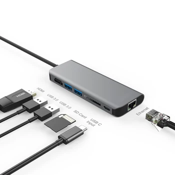 

6 in 1 USB 3.0 HUB USB 3.1 Type C to HDMI/USB 3.0/RJ45/SD/TF/Type C Adapter Converter For Macbook Pro Google Chromebook