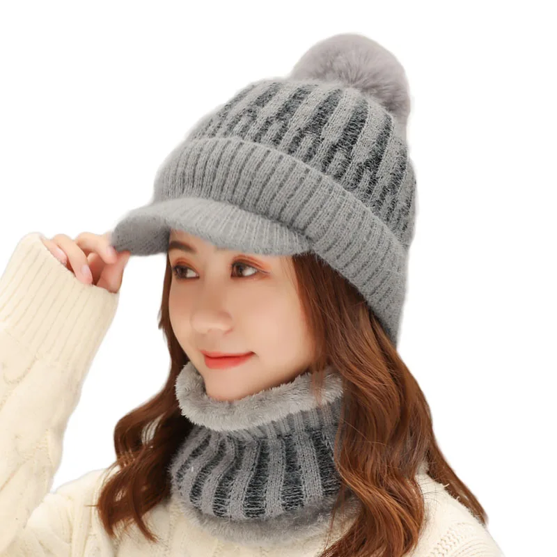 

Brand Women Winter Knitted Skullies Beanies Hats Warm Thick Hat Female Scarf Hat Set Knitted Beanie Caps Outdoor Riding Sets Balaclava