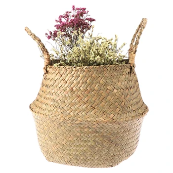 

Handmade Seagrass Wickerwork Storage Baskets Rattan Foldable Straw Patchwork Belly Garden Flower Pot Planter Basket Home Decor