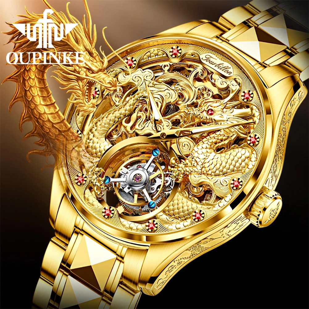 Oupinke Orologi Tourbillon Meccanici Automatici Da Uomo Orologio Da Uomo Impermeabile In Oro Drago Reale Zaffiro Specchio Scheletro Orologio Da Uomo