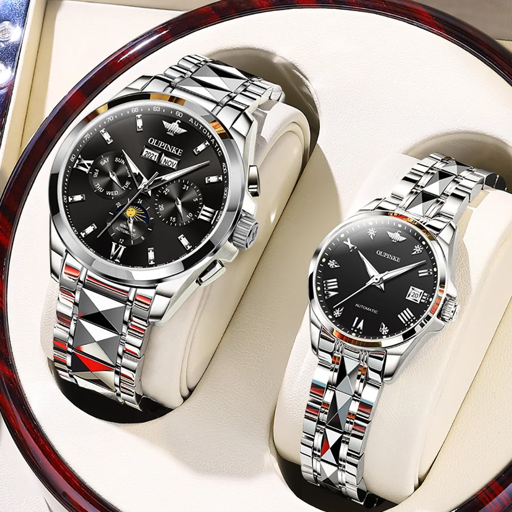 OUPINKE Automatic Couple Watches Pair Men and Women Mechanical Sapphire Luxury Brand Watch for Lovers 2pcs Waterproof Gift Set