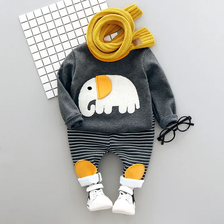 VIMIKID/комплекты одежды для малышей г. Осенний теплый хлопковый свитер с длинными рукавами, круглым вырезом и Рисунком Слона+ повседневные штаны в полоску комплекты детской одежды