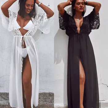 

Summer New Sexy Women's Bikini Cover Up Dress Beachwear Kaftan V-neck Lace Hollow Out Bathing Suit Beachwear Swimwear Cover-Ups