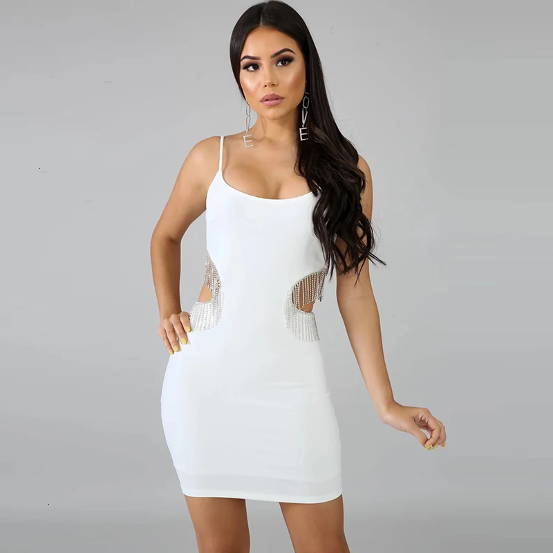Feditch блестящая кисточка алмазные вечерние платья Bodycon Спагетти ремень Slash шеи Элегантное белое платье мини клуб Vestidos Весна Лето