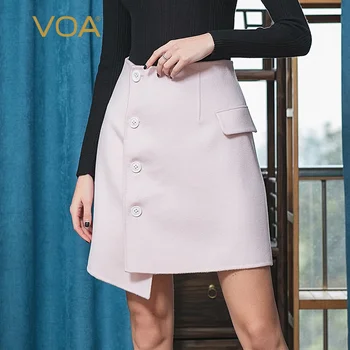 

VOA snow plateau double-sided small cashmere asymmetric stitching single-row button skin-friendly A-type skirt SC1053