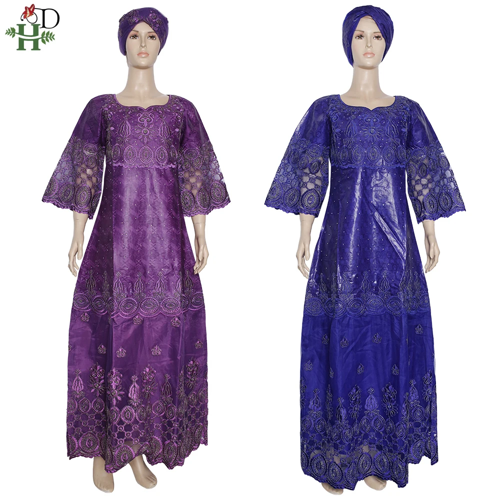 H&D 2022 New African Dresses For Women Riche Bazin Dashiki Maxi Dress Lady Clothes Wedding Gowns Nigerian Headtie Headband 159-1