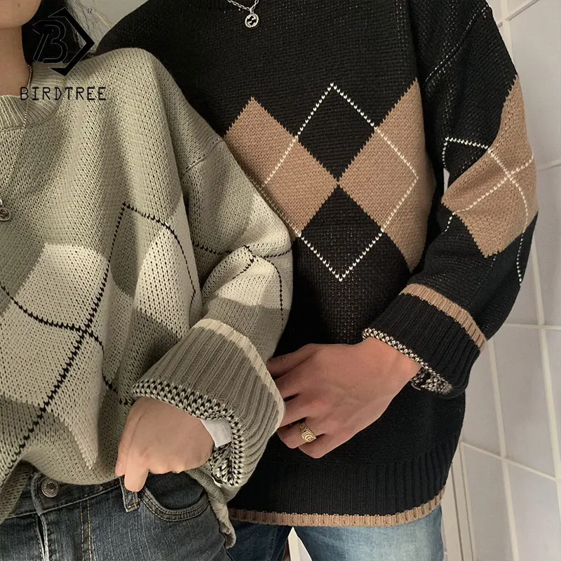 Jerséis de Argyle con patrón geométrico para mujer, suéteres tejidos de cuello redondo holgados de gran tamaño, estilo universitario coreano
