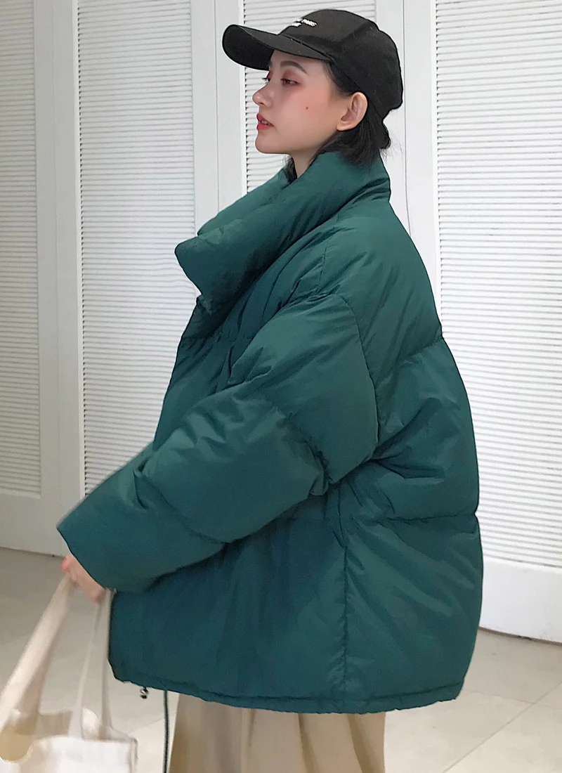 Корейский стиль, зимняя женская куртка со стоячим воротником, однотонная, черная, белая, женский пуховик, свободный, негабаритный, женская короткая парка