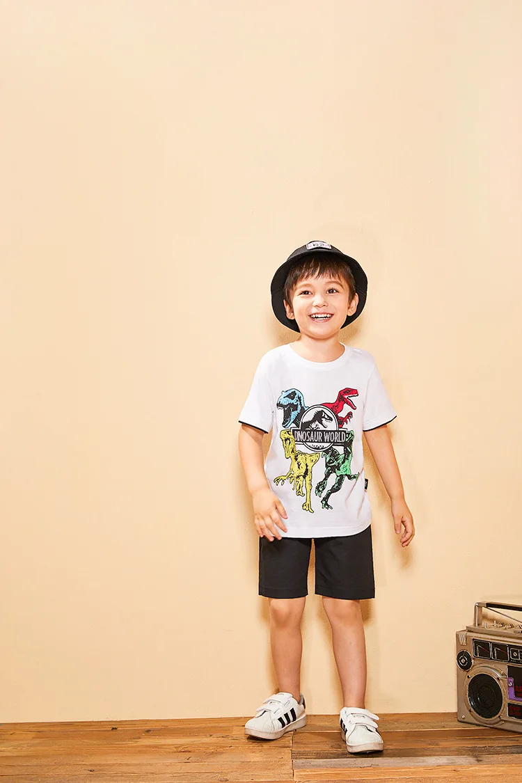 Amazon for Summer New Style Childrenswear Printed Dinosaur Pure Cotton Short-sleeved T-shirt Contrast Color BOY'S Baby Half Slee
