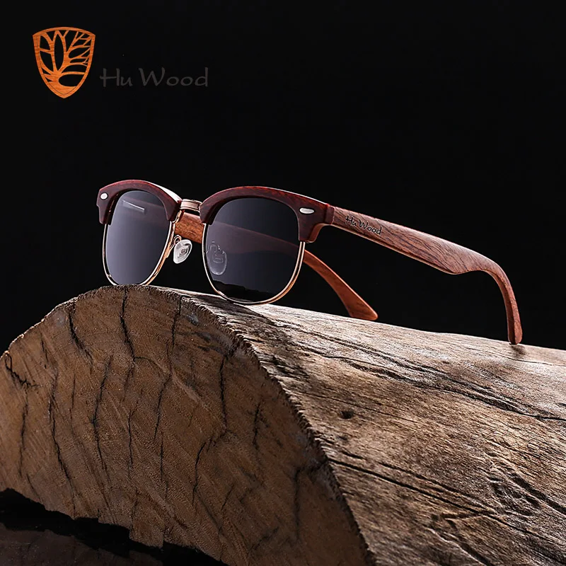 HU WOOD Polariserade solglasögon för kvinnor Unisex retro trärandiga högkvalitativa halvbåglösa märkessolglasögon hona GR8005_voghion.com