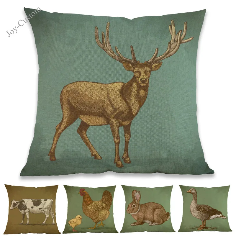 Ретро стиль иллюстрации животных Олень Коза курица свинья расцветка наволочки