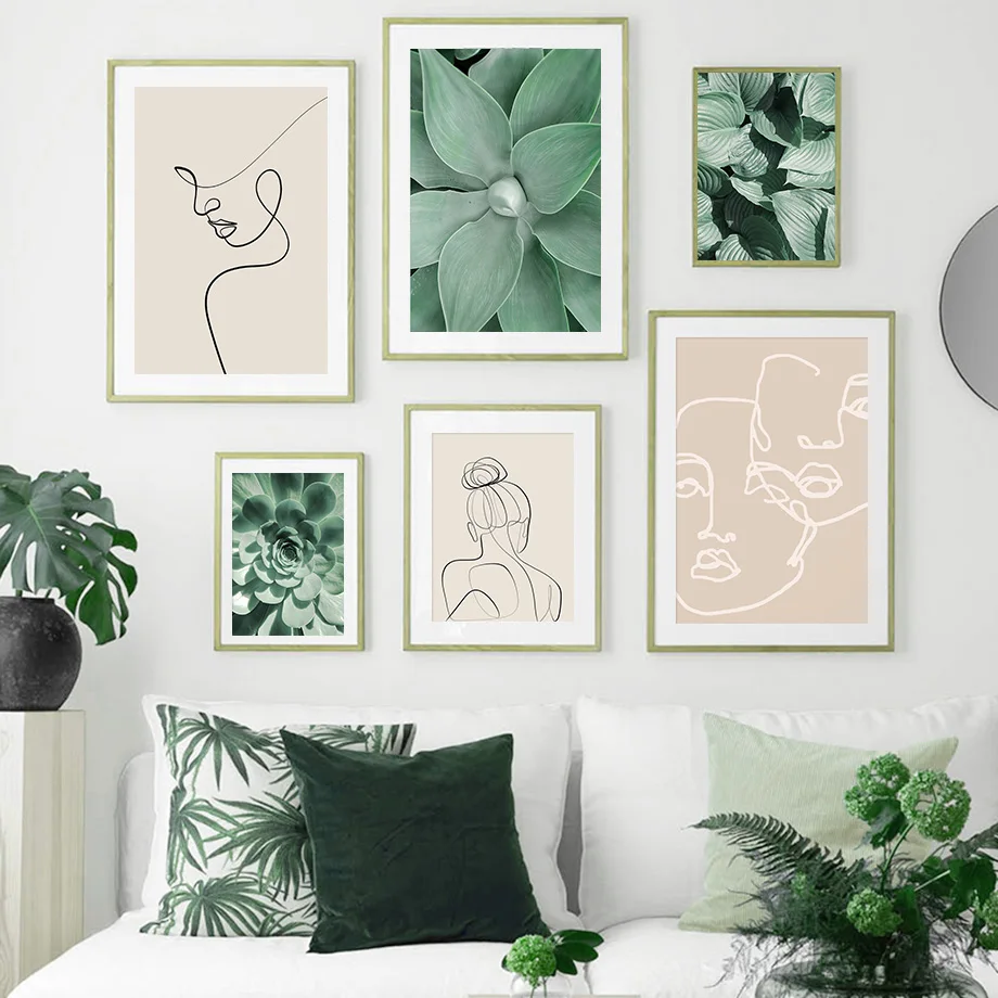 Abstrat Girl Lines Cactus Green Nature Plant Wall Art Canvas Painting Posters And Prints Pictures For Living Room Decor | Дом и сад