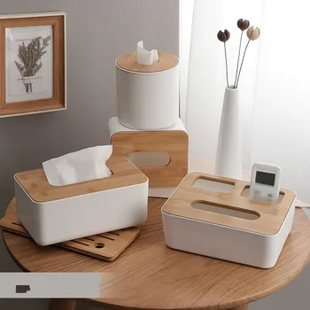 

Plastic with Wood Cover Tissue Box Table Paper Towel Napkin Case Desktop Remote Control Debris Organizer Sundries Organization