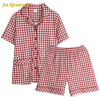 

Soft Red Pajamas Woman Woman Clothes Pjs Woman 100% Cotton Turn Down Collar Sleepwear Short Sleeve Short Pants Plaid Printing